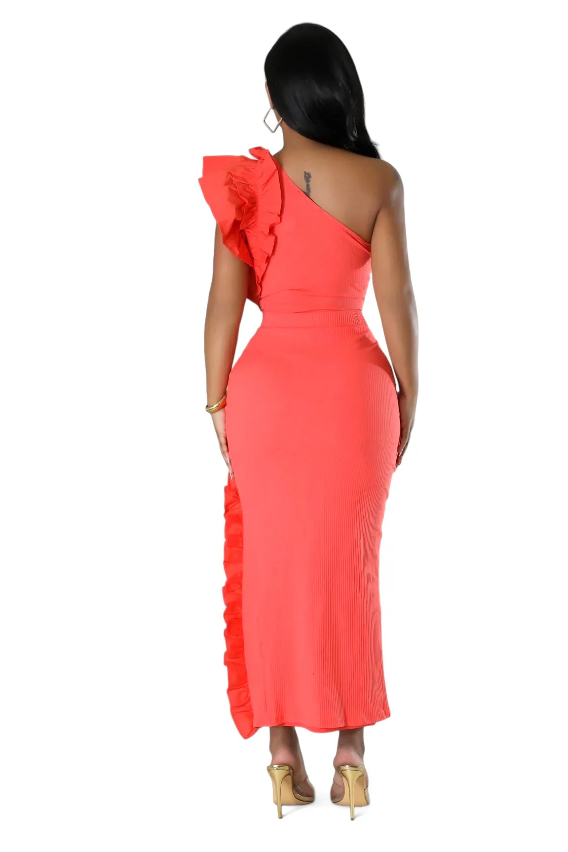 2 PC Ribbed One Shoulder Ruffle Bodysuit & Matching Skirt