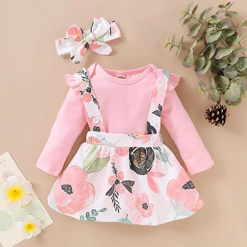 3-piece Solid Ruffle Bodysuit & Floral Printed Dress & Headband for Baby Girl Children's Clothing
