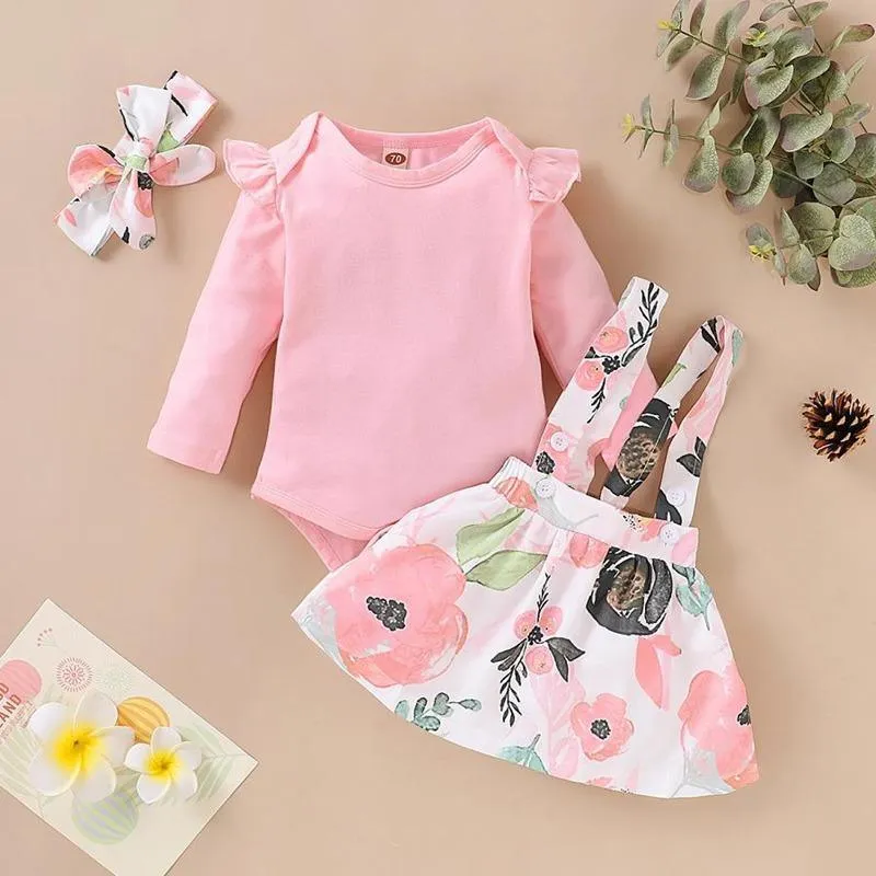 3-piece Solid Ruffle Bodysuit & Floral Printed Dress & Headband for Baby Girl Children's Clothing