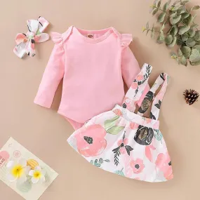 3-piece Solid Ruffle Bodysuit & Floral Printed Dress & Headband for Baby Girl Children's Clothing