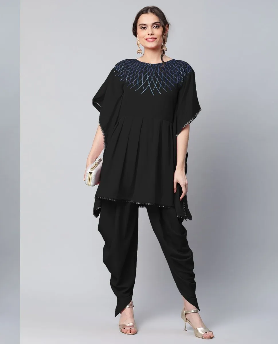 Ahalyaa Women Black Crepe Glitter Printed Kurta with Dhoti Pants