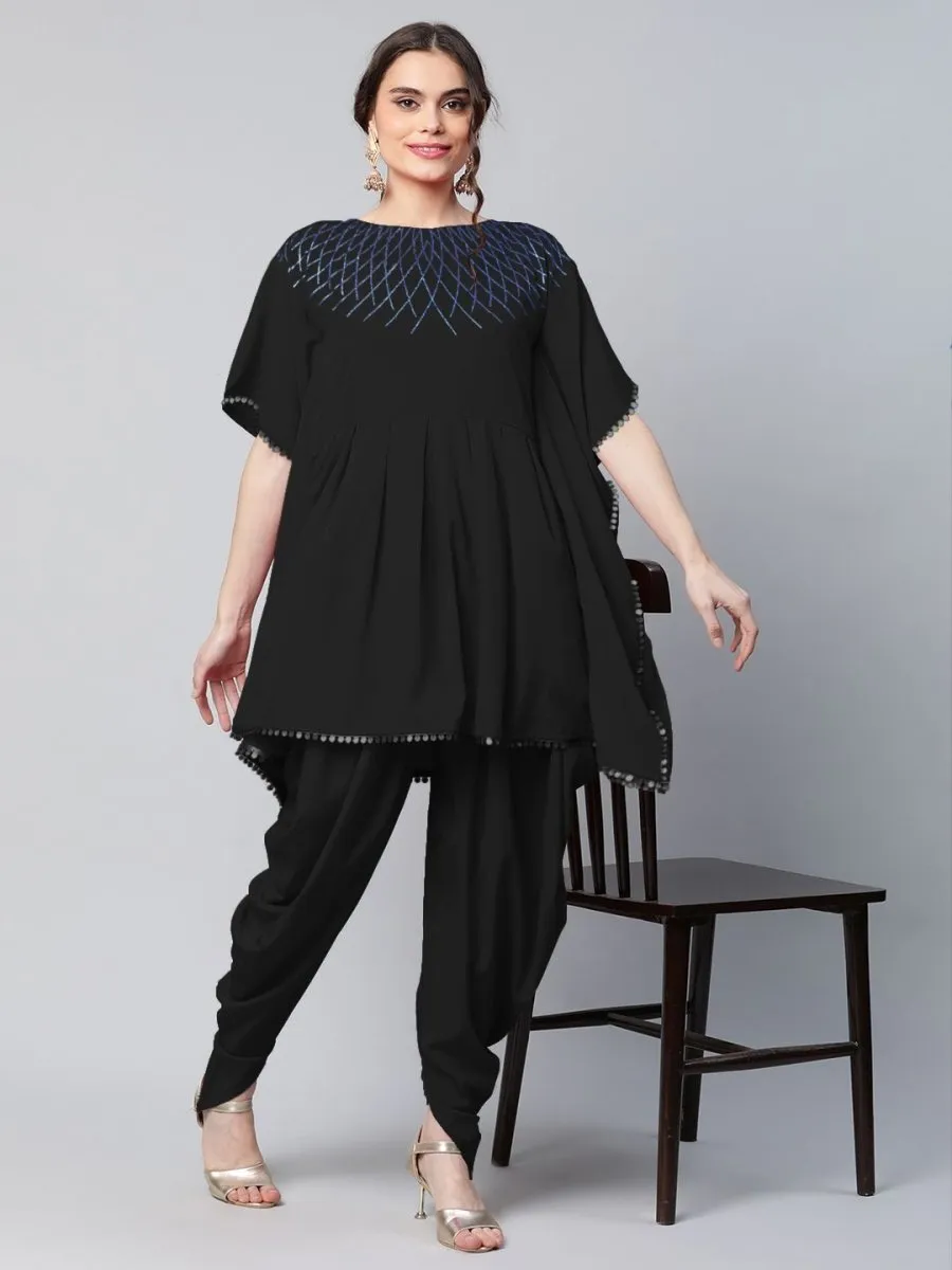Ahalyaa Women Black Crepe Glitter Printed Kurta with Dhoti Pants