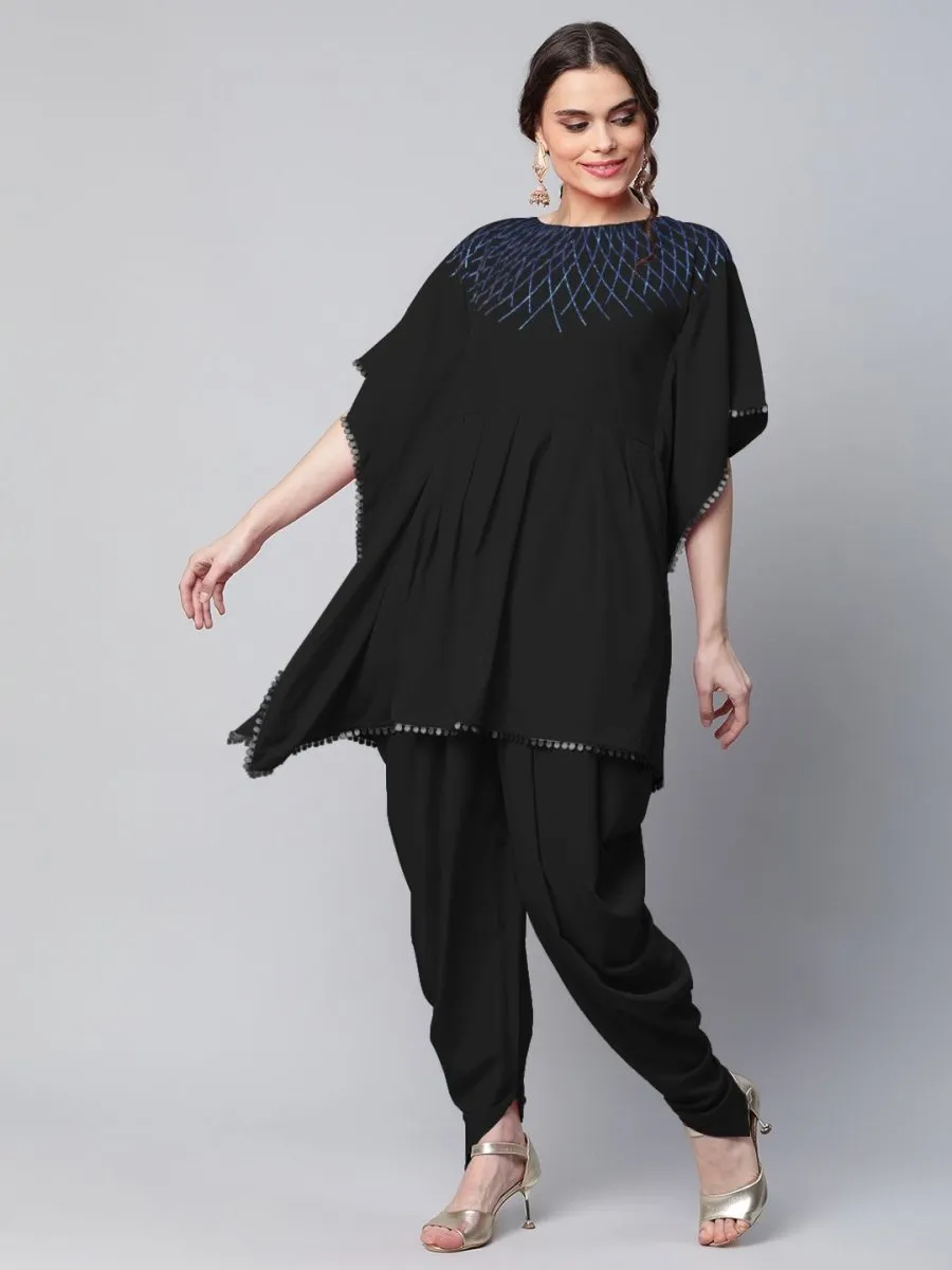 Ahalyaa Women Black Crepe Glitter Printed Kurta with Dhoti Pants