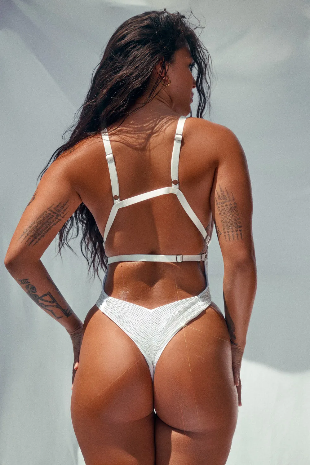 APHRODITE BODYSUIT - WHITE Iridescent RHINESTONE DRIP - LIMITED ED.