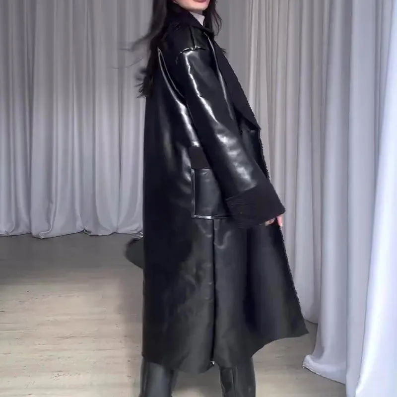 autumn and winter new European, American,  cross-border fashion retro fur splicing knee long temperament coat women