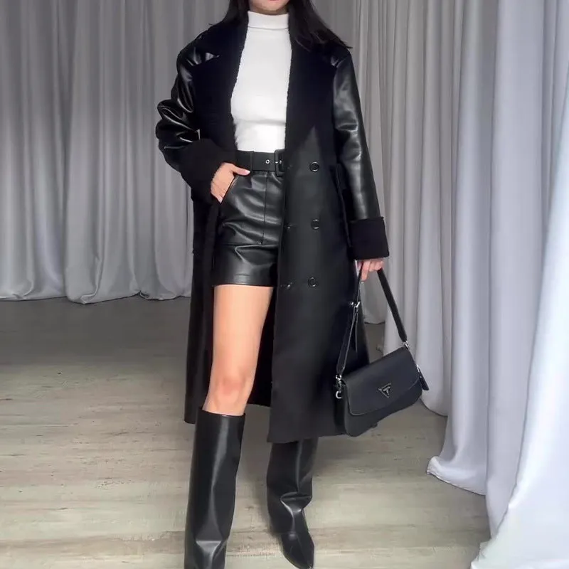 autumn and winter new European, American,  cross-border fashion retro fur splicing knee long temperament coat women