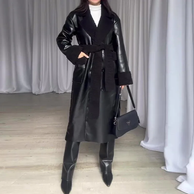 autumn and winter new European, American,  cross-border fashion retro fur splicing knee long temperament coat women