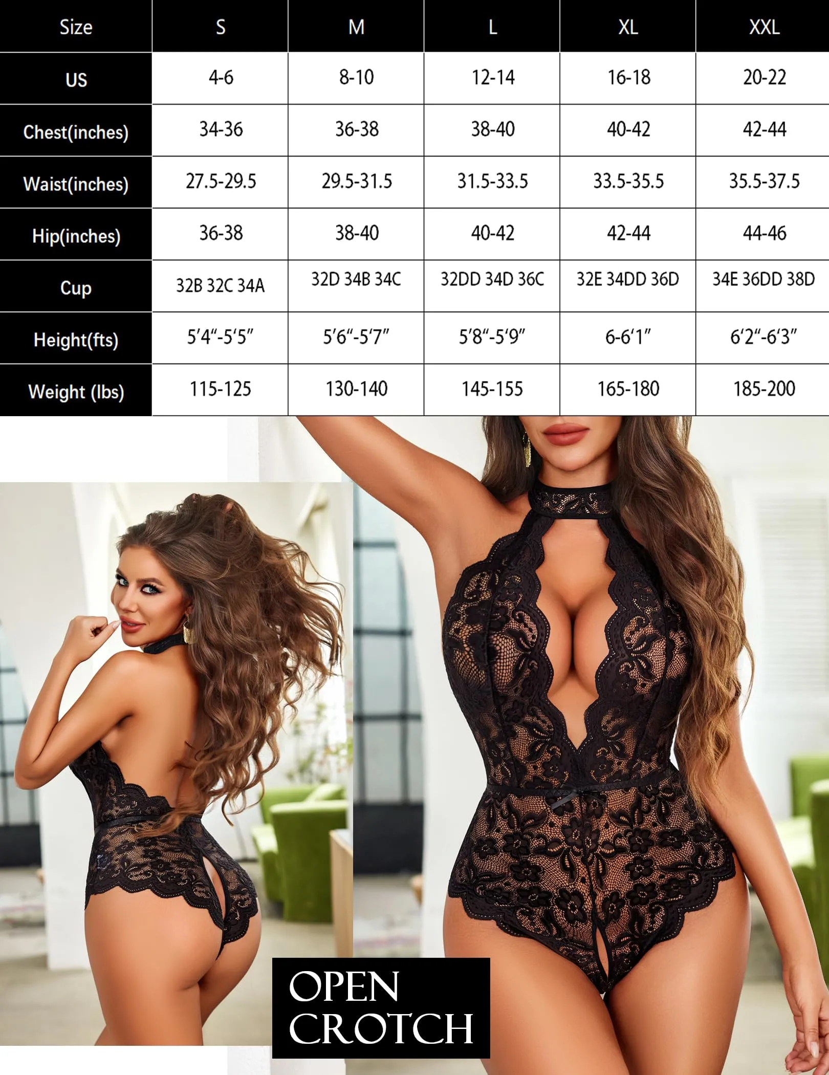 Avidlove Lingerie for Women Halter Lace Bodysuit V Neck Teddy One Piece Babydoll Nightgown Black L