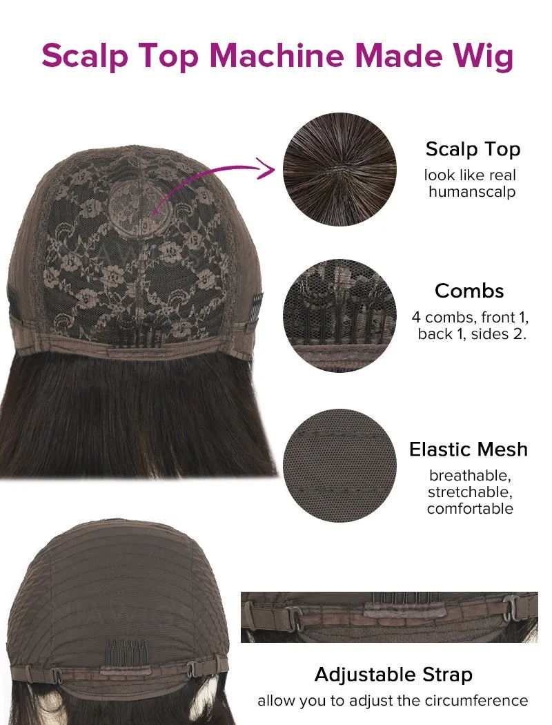 #Balayage Scalp Top Wig Curly Human Hair Wigs With Bangs Machine Made