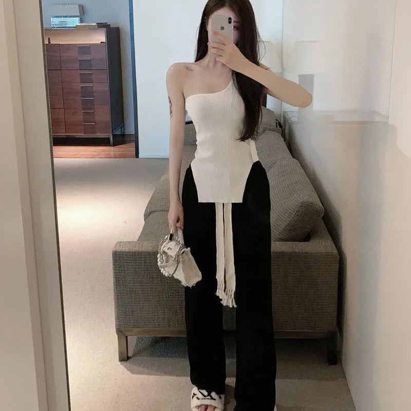 Bandage casual single shoulder top weaved top black mopping pants wide leg pants