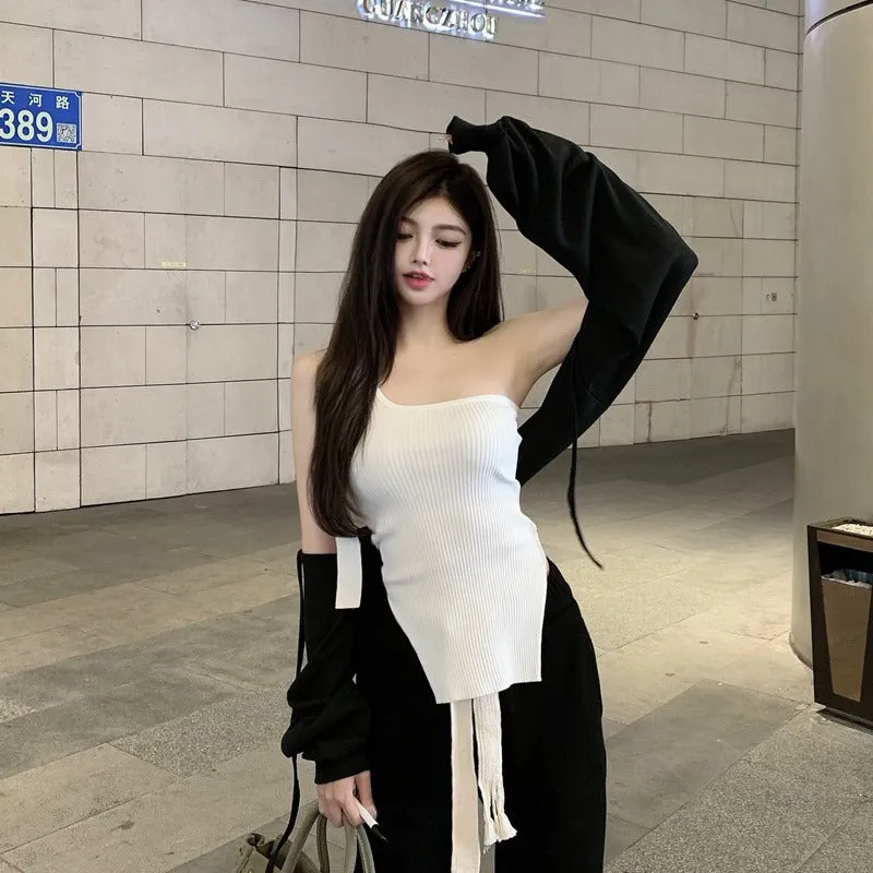 Bandage casual single shoulder top weaved top black mopping pants wide leg pants