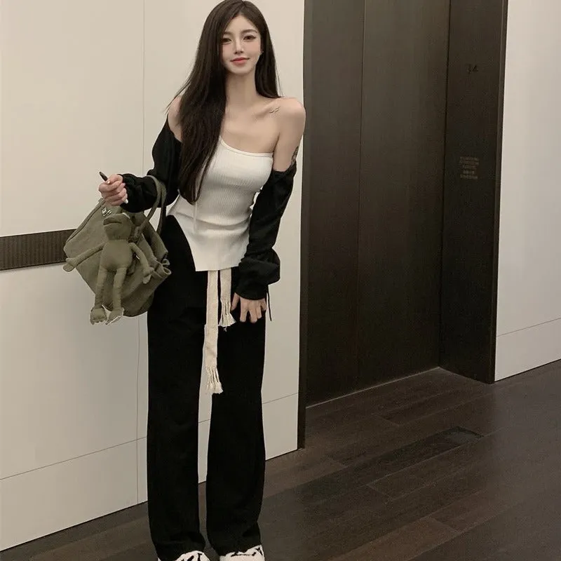 Bandage casual single shoulder top weaved top black mopping pants wide leg pants