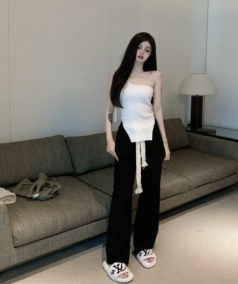 Bandage casual single shoulder top weaved top black mopping pants wide leg pants