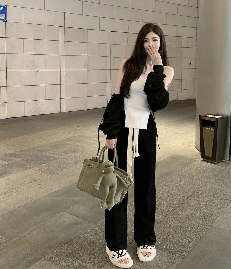 Bandage casual single shoulder top weaved top black mopping pants wide leg pants