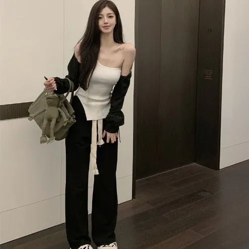 Bandage casual single shoulder top weaved top black mopping pants wide leg pants