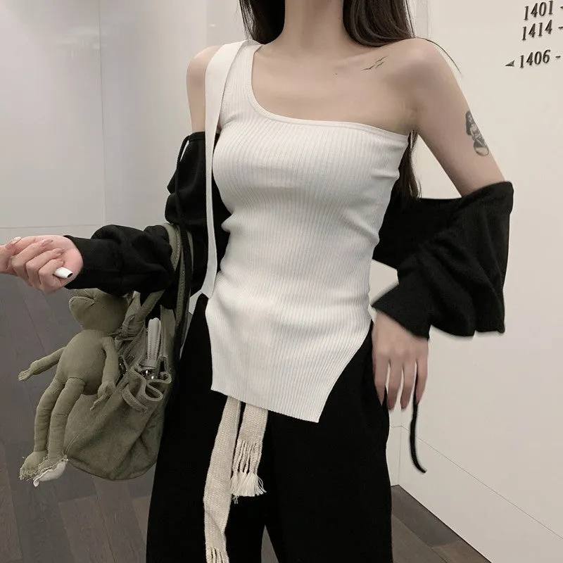 Bandage casual single shoulder top weaved top black mopping pants wide leg pants