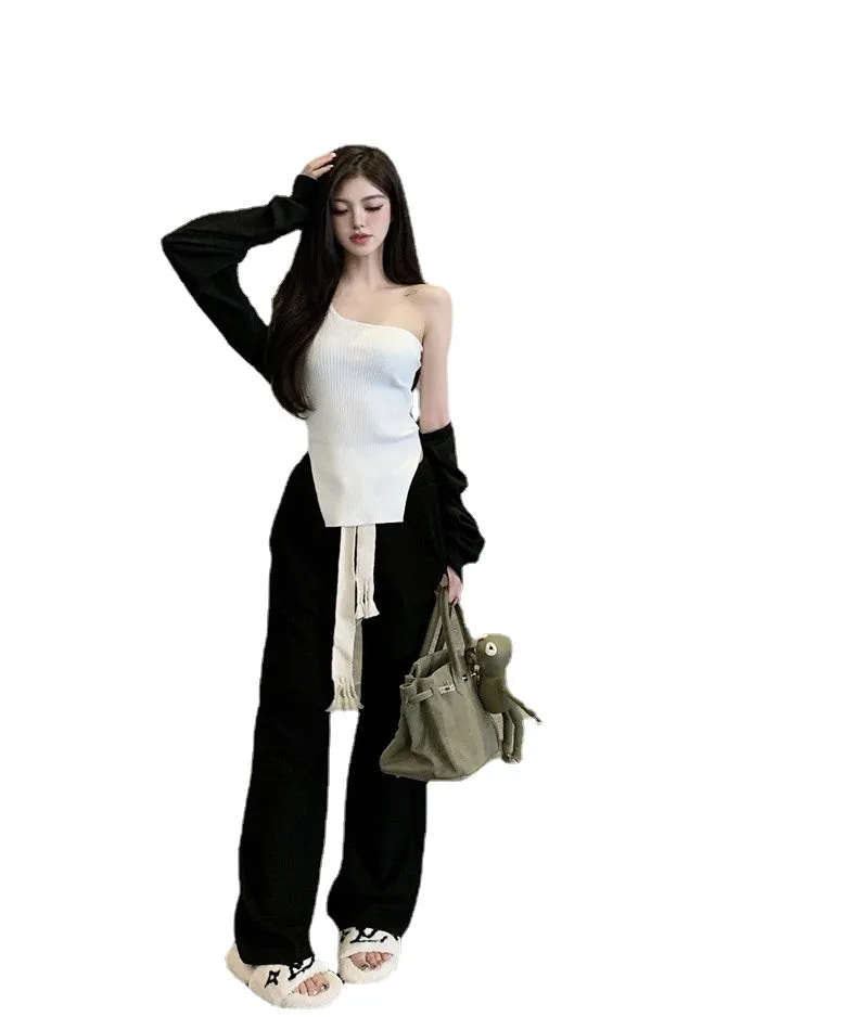 Bandage casual single shoulder top weaved top black mopping pants wide leg pants