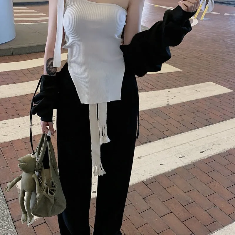 Bandage casual single shoulder top weaved top black mopping pants wide leg pants