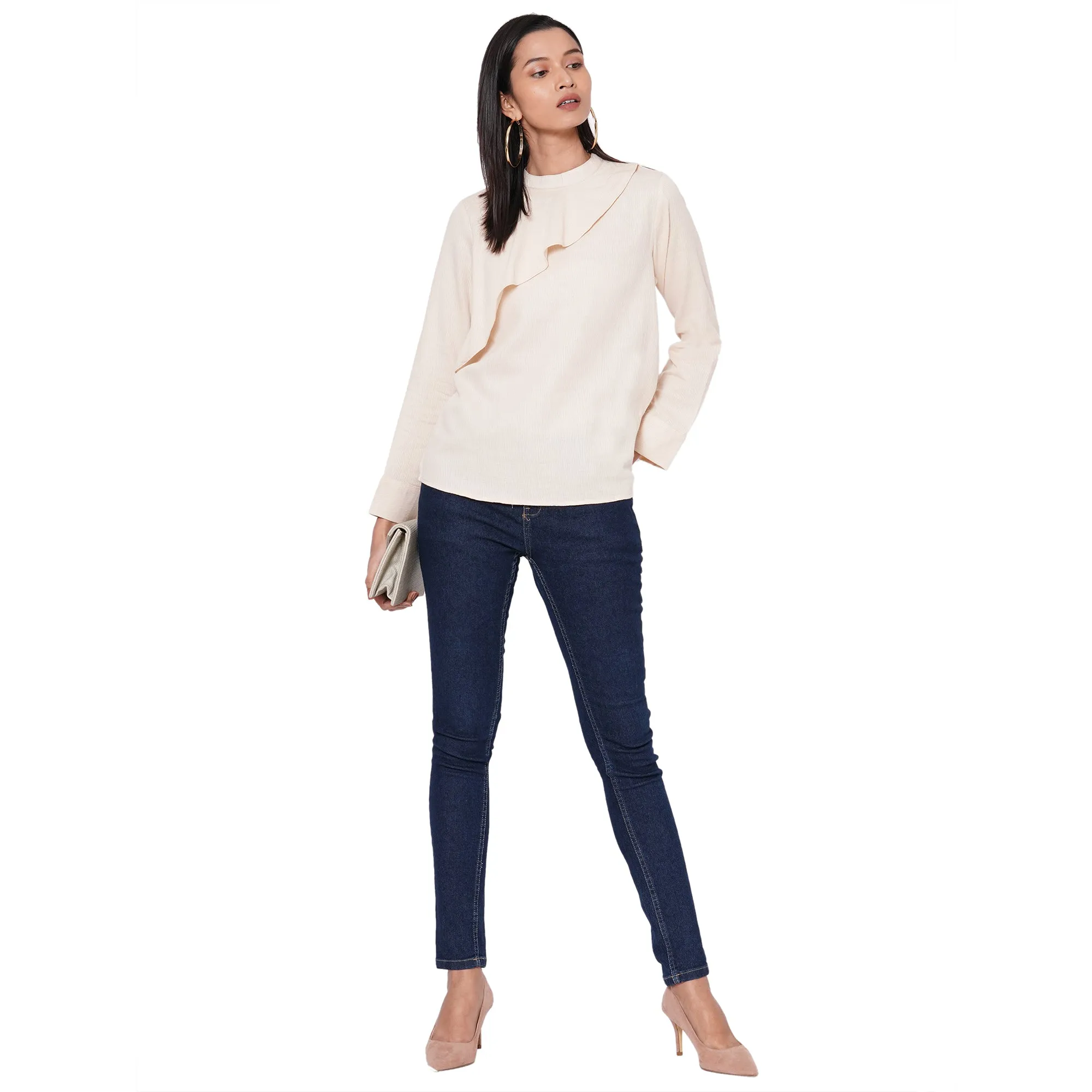 Beige Solid Full Sleeves Top