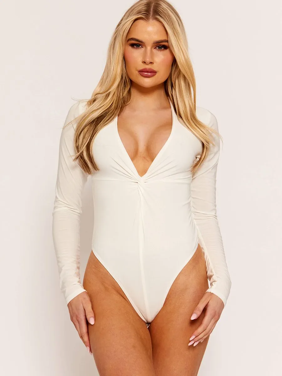 Bella Twist Front Slinky Bodysuit In Cream