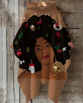Black Christmas Print Loose Cape