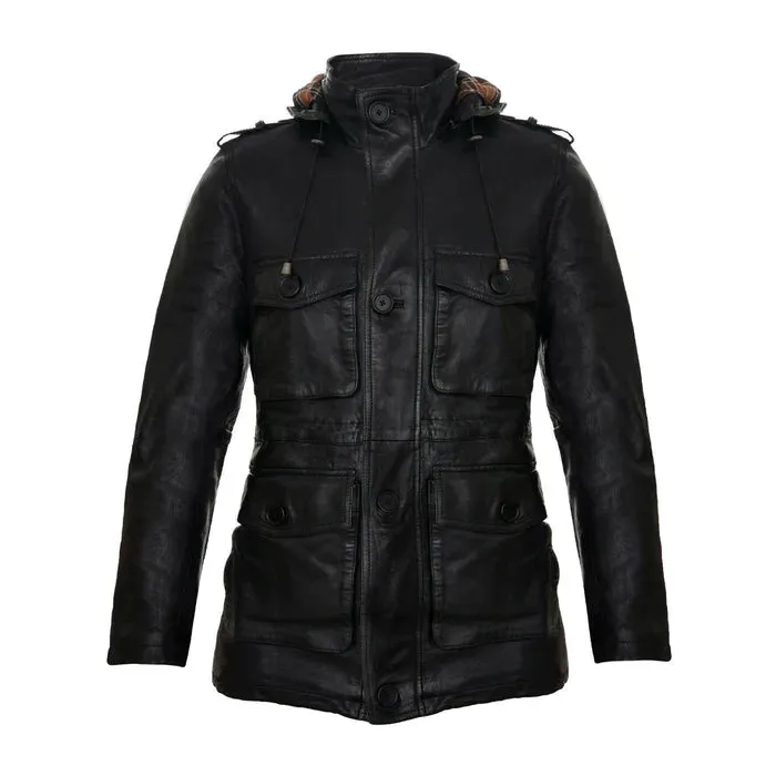 Black Classic Hooded Leather Trench Overcoat