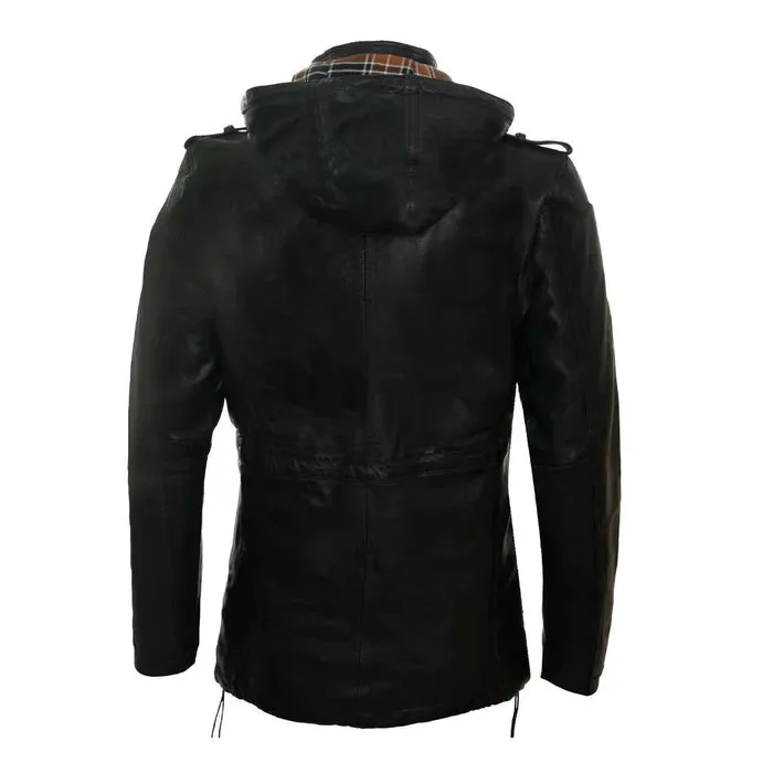 Black Classic Hooded Leather Trench Overcoat