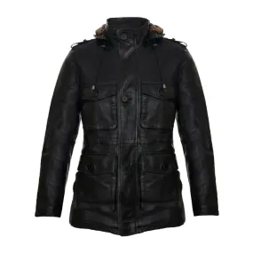 Black Classic Hooded Leather Trench Overcoat