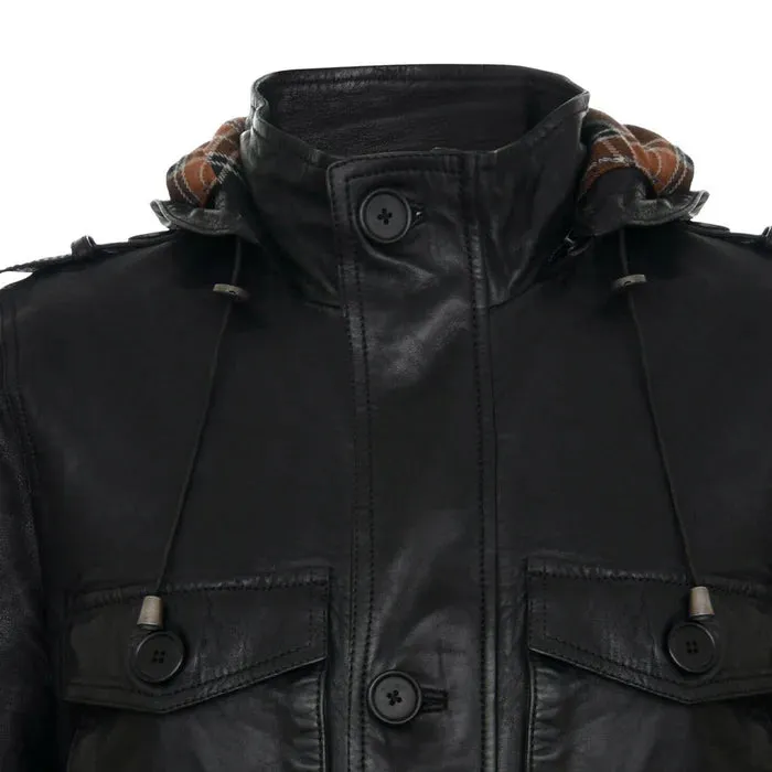 Black Classic Hooded Leather Trench Overcoat