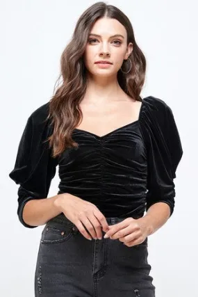 Black Velvet Puff Sleeve Ruched Bodysuit