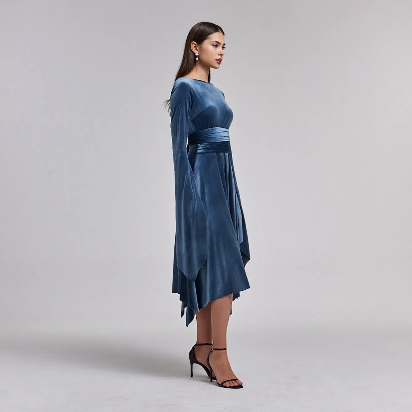Blue-Grey Cape Sleeve Twist-Waist Velvet Dress
