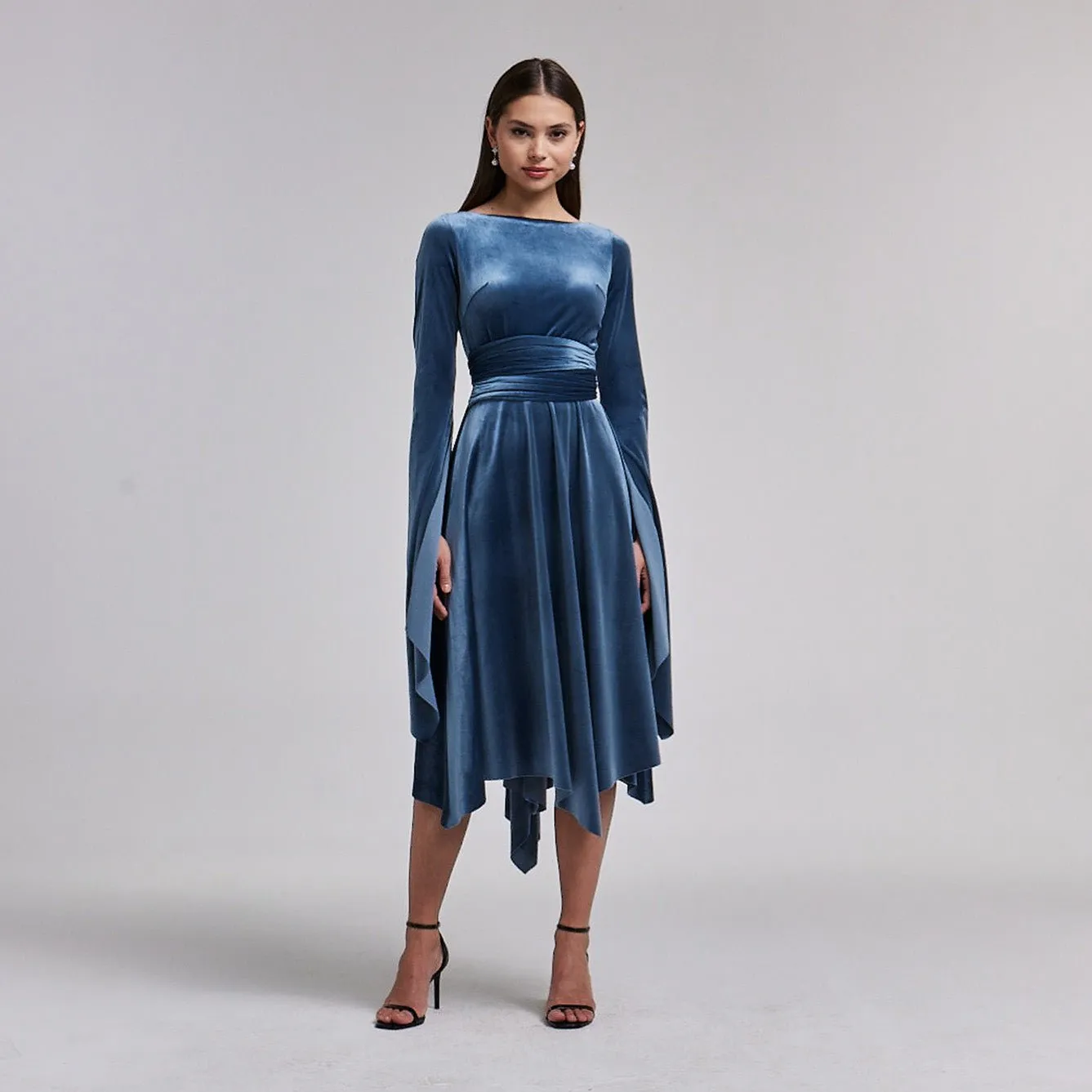 Blue-Grey Cape Sleeve Twist-Waist Velvet Dress