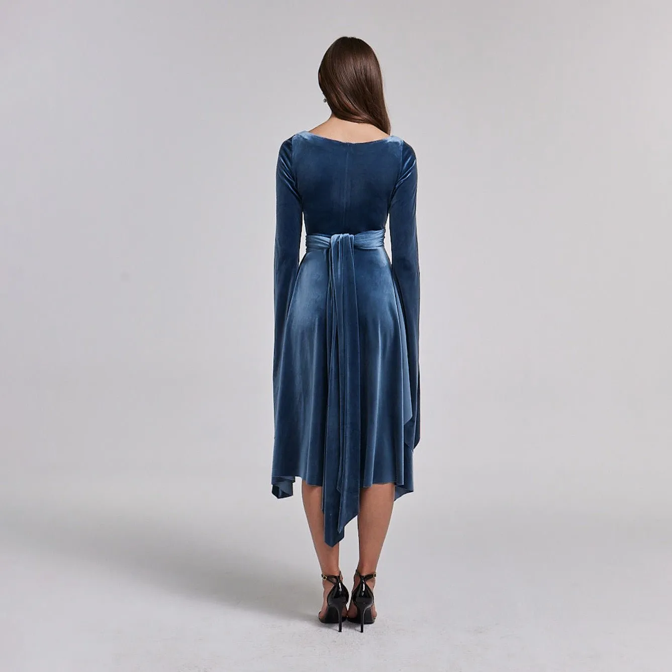 Blue-Grey Cape Sleeve Twist-Waist Velvet Dress