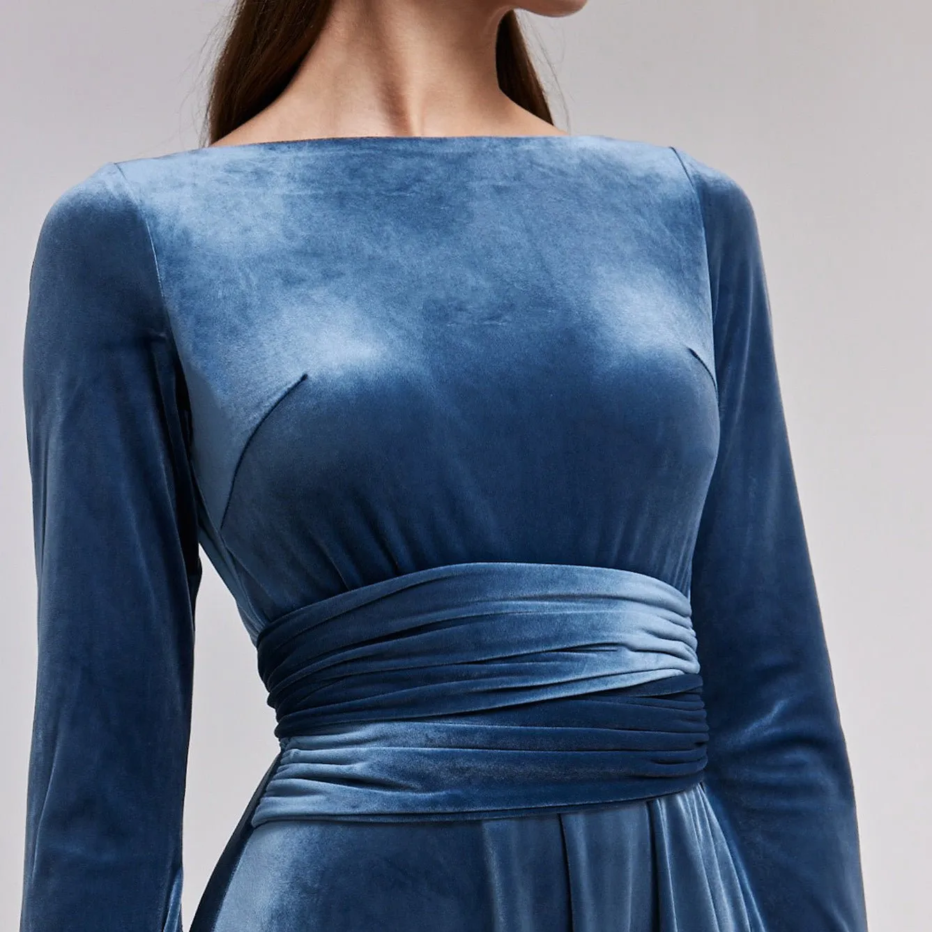 Blue-Grey Cape Sleeve Twist-Waist Velvet Dress