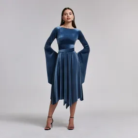 Blue-Grey Cape Sleeve Twist-Waist Velvet Dress