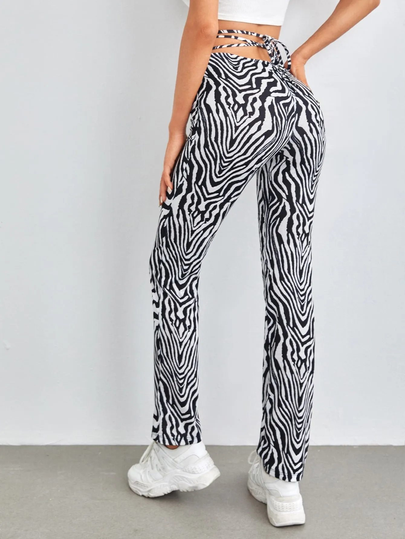 Boho Zebra Stripe Tie Back Drop Waist Long Women Pants