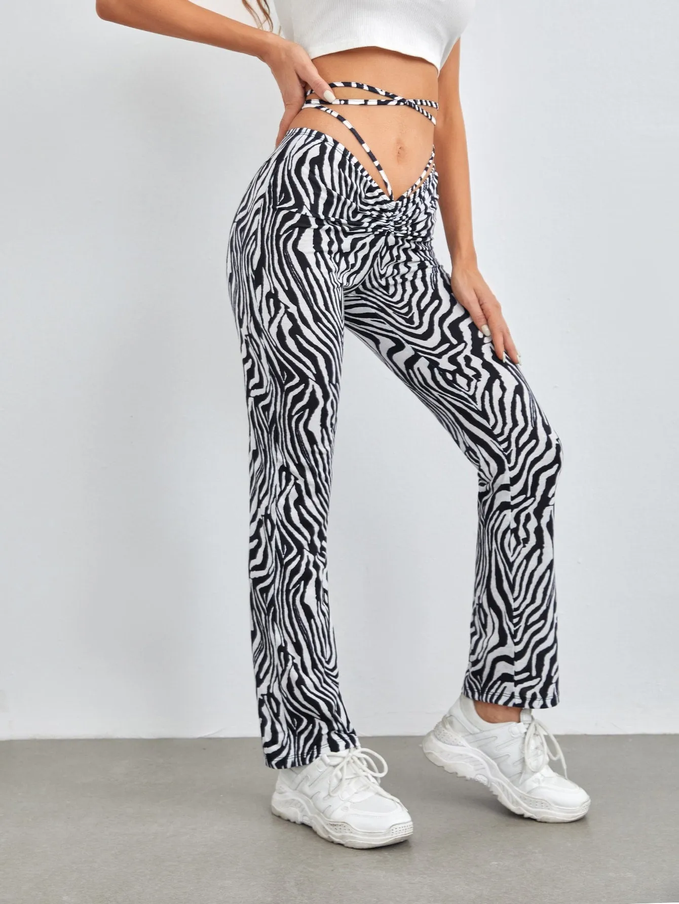 Boho Zebra Stripe Tie Back Drop Waist Long Women Pants