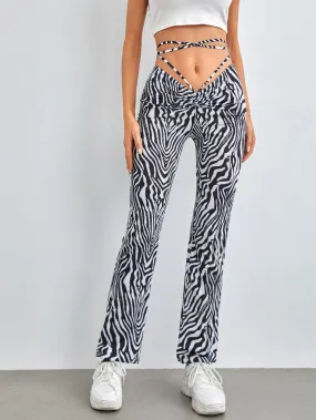 Boho Zebra Stripe Tie Back Drop Waist Long Women Pants