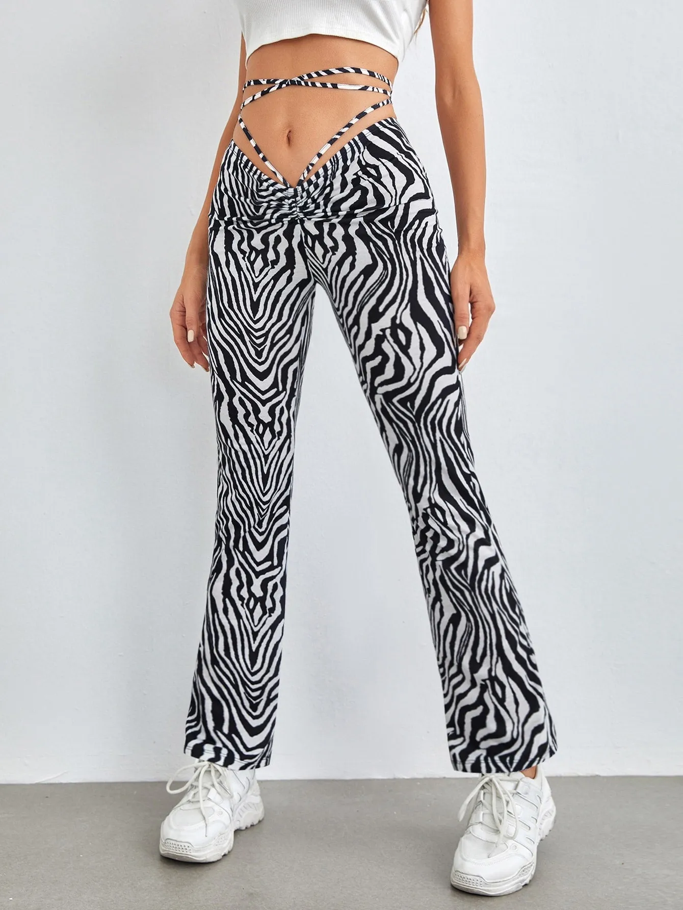 Boho Zebra Stripe Tie Back Drop Waist Long Women Pants
