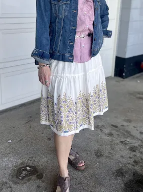 Border Block Print Skirt w/High Ruched Elastic Waist