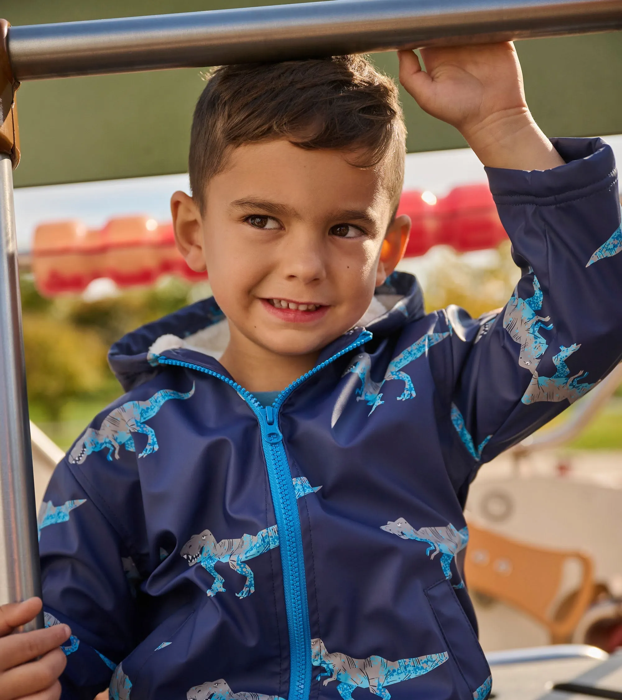 Boys T-Rex Attack Sherpa Lined Zip-Up Raincoat