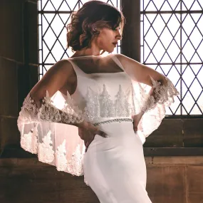 Bridal Cape Cover Up Ivory Tulle with Beaded Lace Edge PBC3001