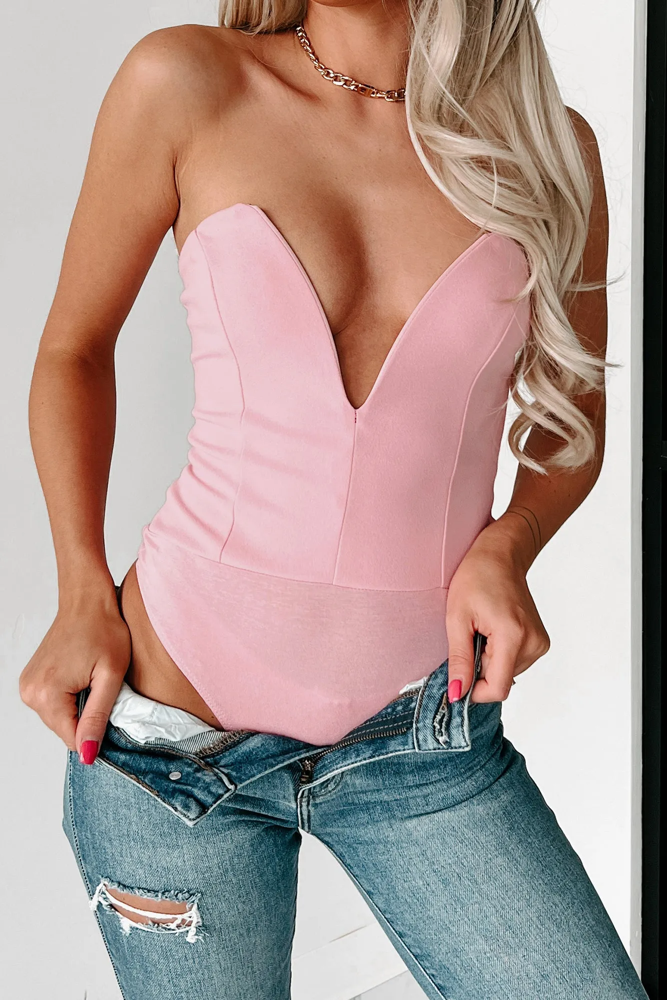 Call My Agent Strapless Deep V-Neck Bodysuit (Baby Pink)