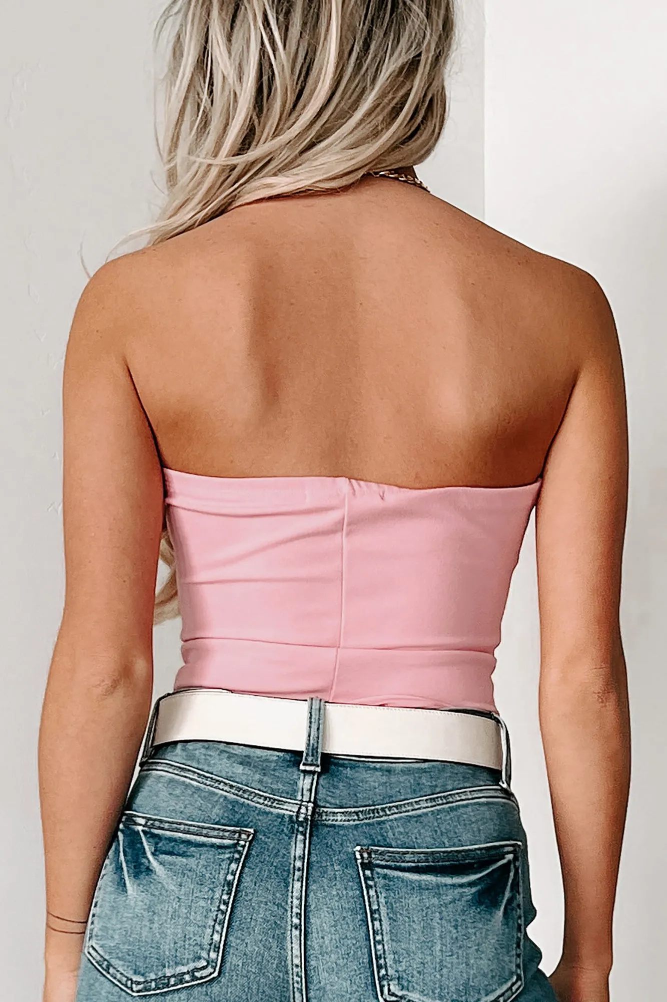Call My Agent Strapless Deep V-Neck Bodysuit (Baby Pink)