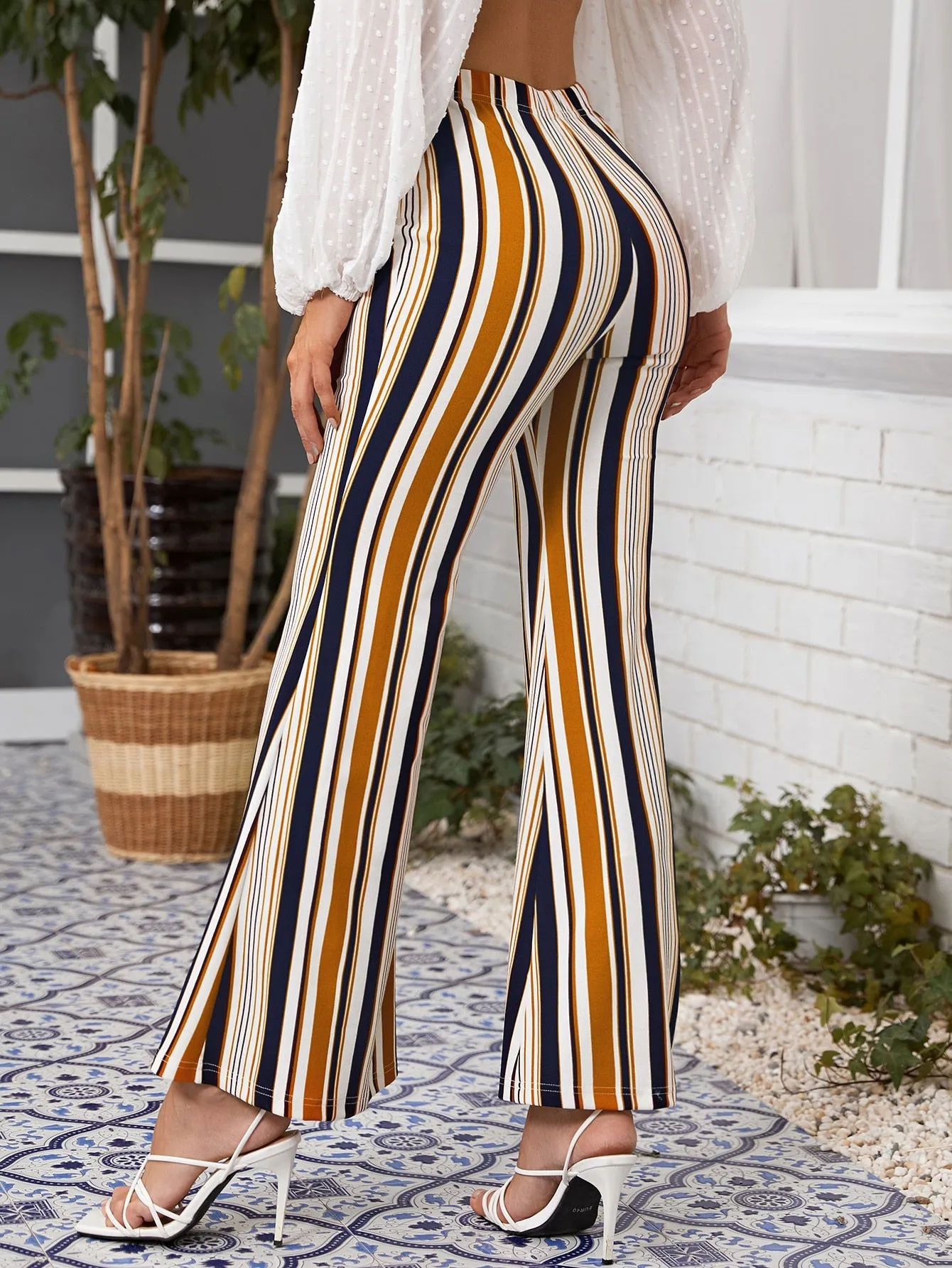 Casual Striped High Waist Long Women Pants