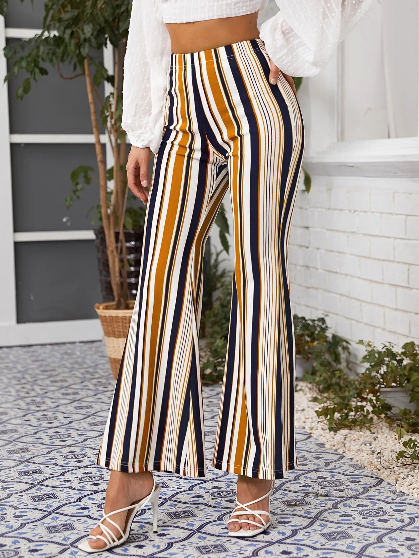 Casual Striped High Waist Long Women Pants