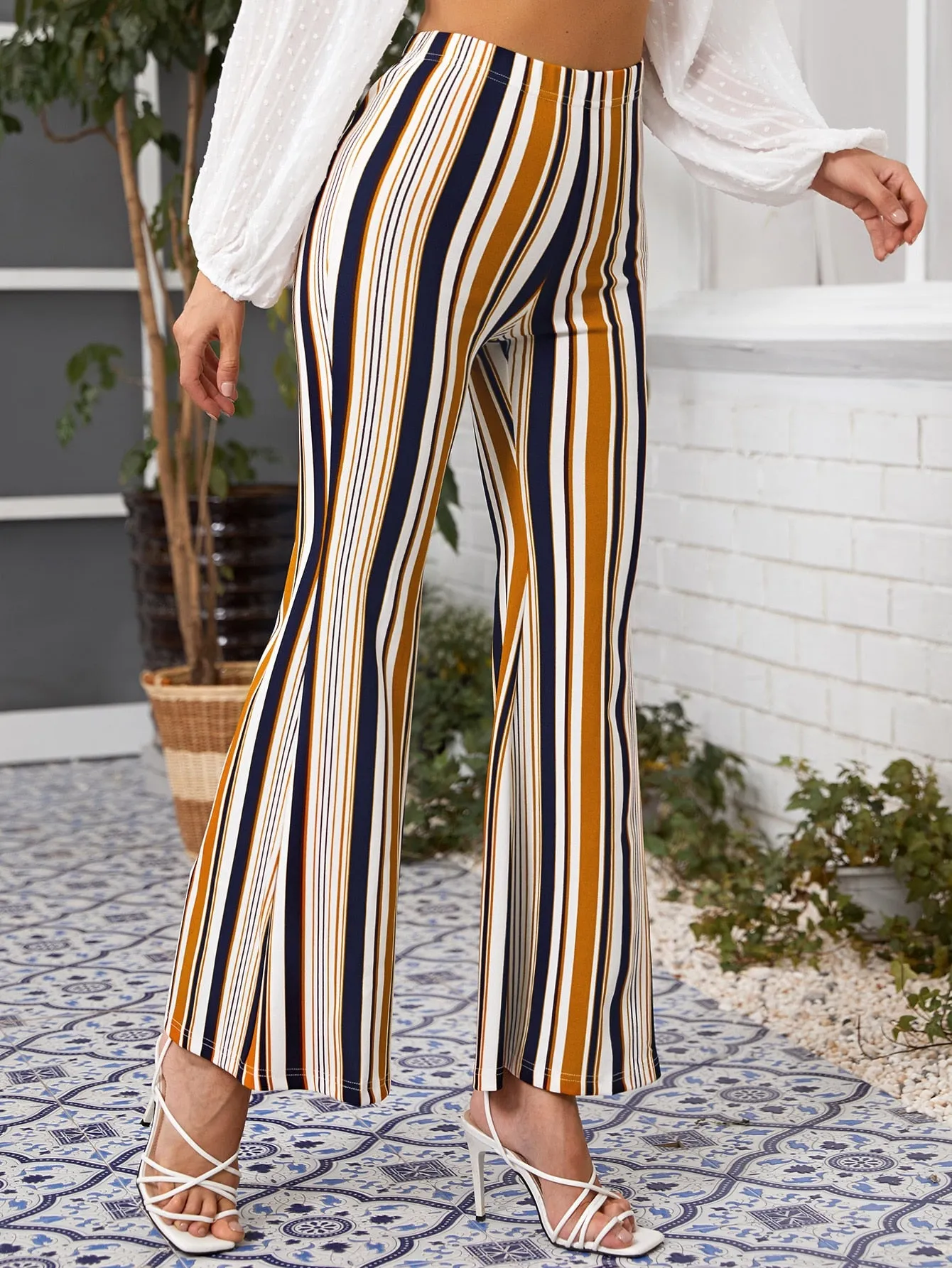 Casual Striped High Waist Long Women Pants