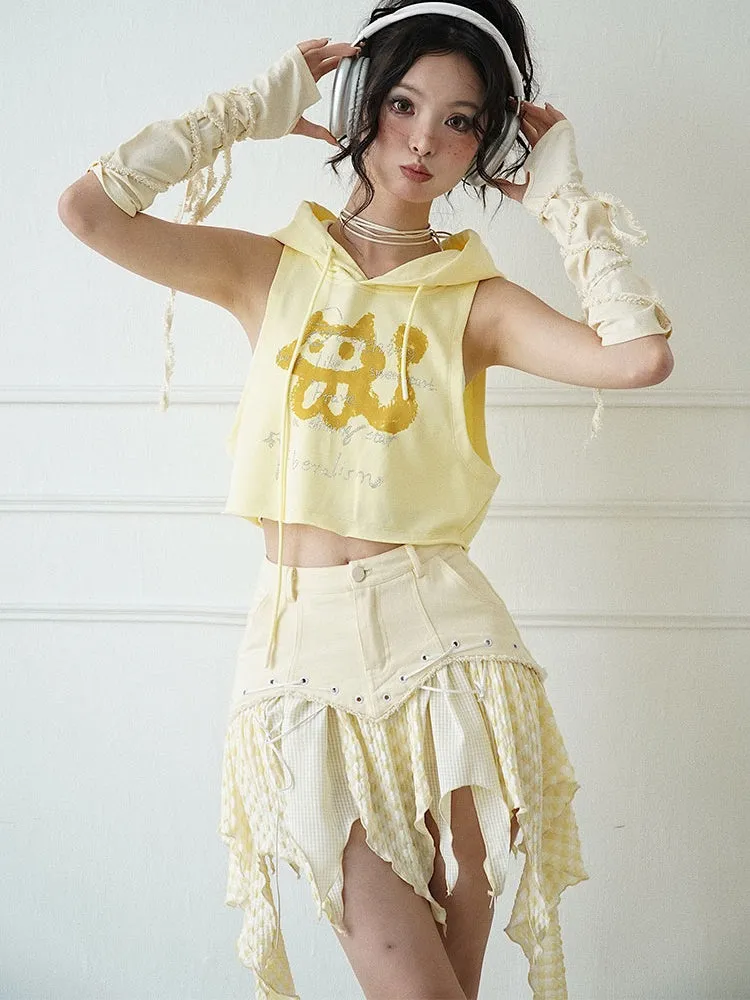 Checked Lace-Up Asymmetry Ruffle High-Waist Mini-Skirt