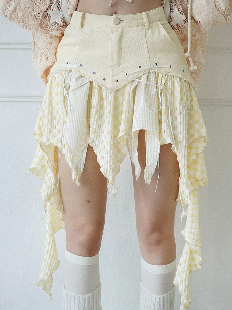 Checked Lace-Up Asymmetry Ruffle High-Waist Mini-Skirt