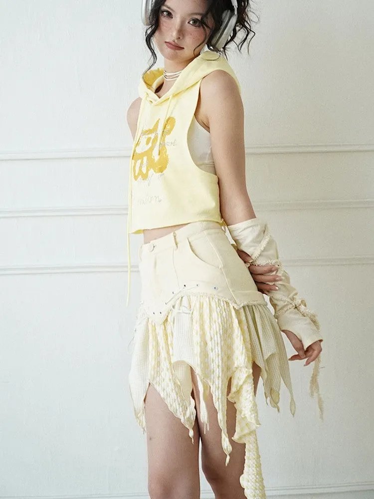 Checked Lace-Up Asymmetry Ruffle High-Waist Mini-Skirt